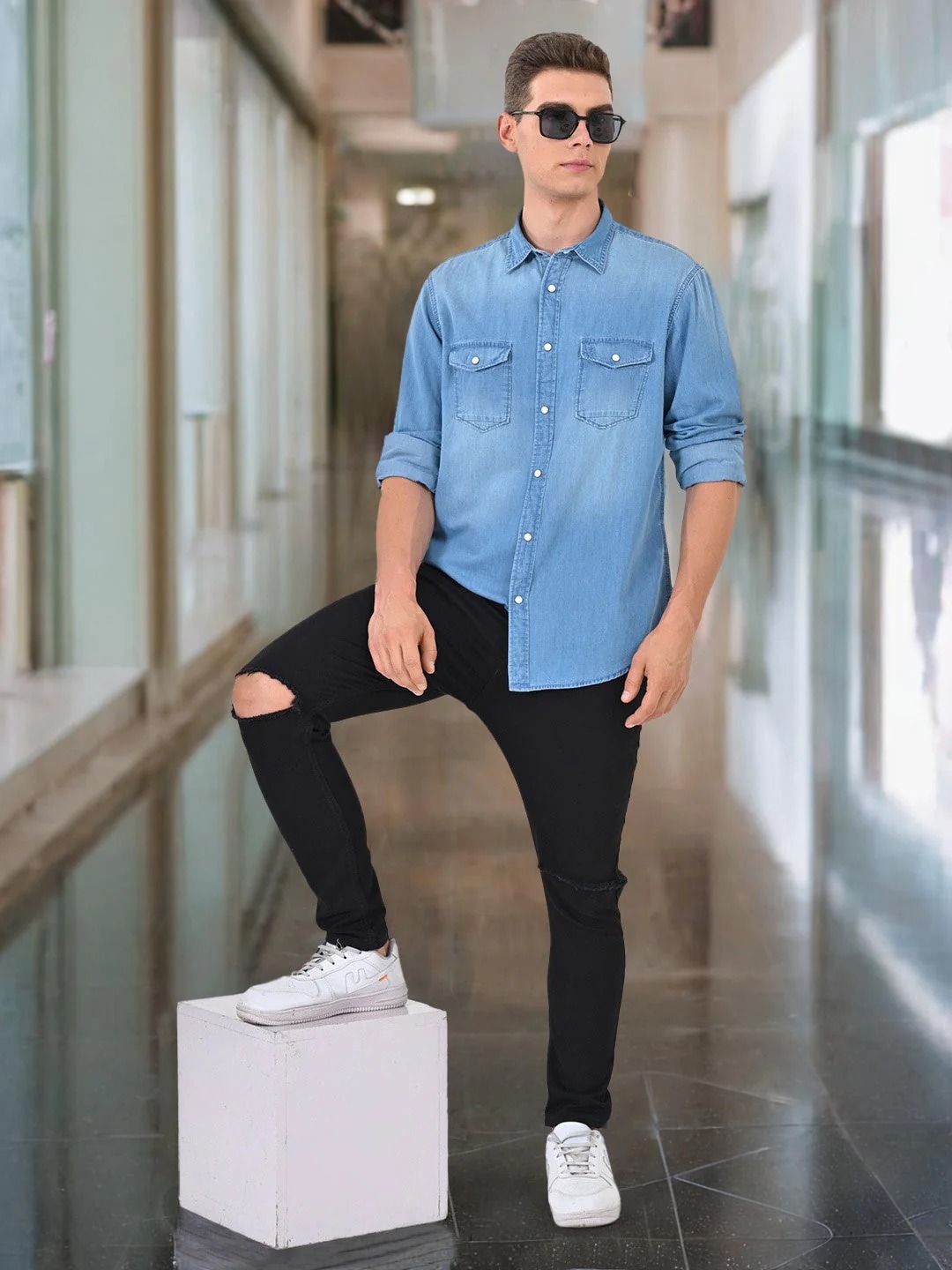 Indian Terrain Men's Regular Fit Full Sleeve Solid Blue Shirt